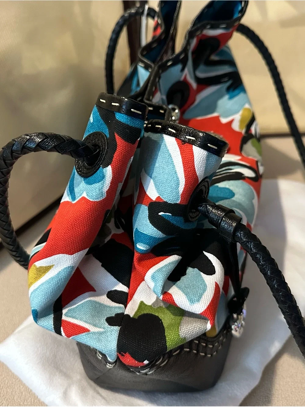 Brighton “Lilly” Shoulder Bag – Red Botanical Floral Canvas – Silver Charms